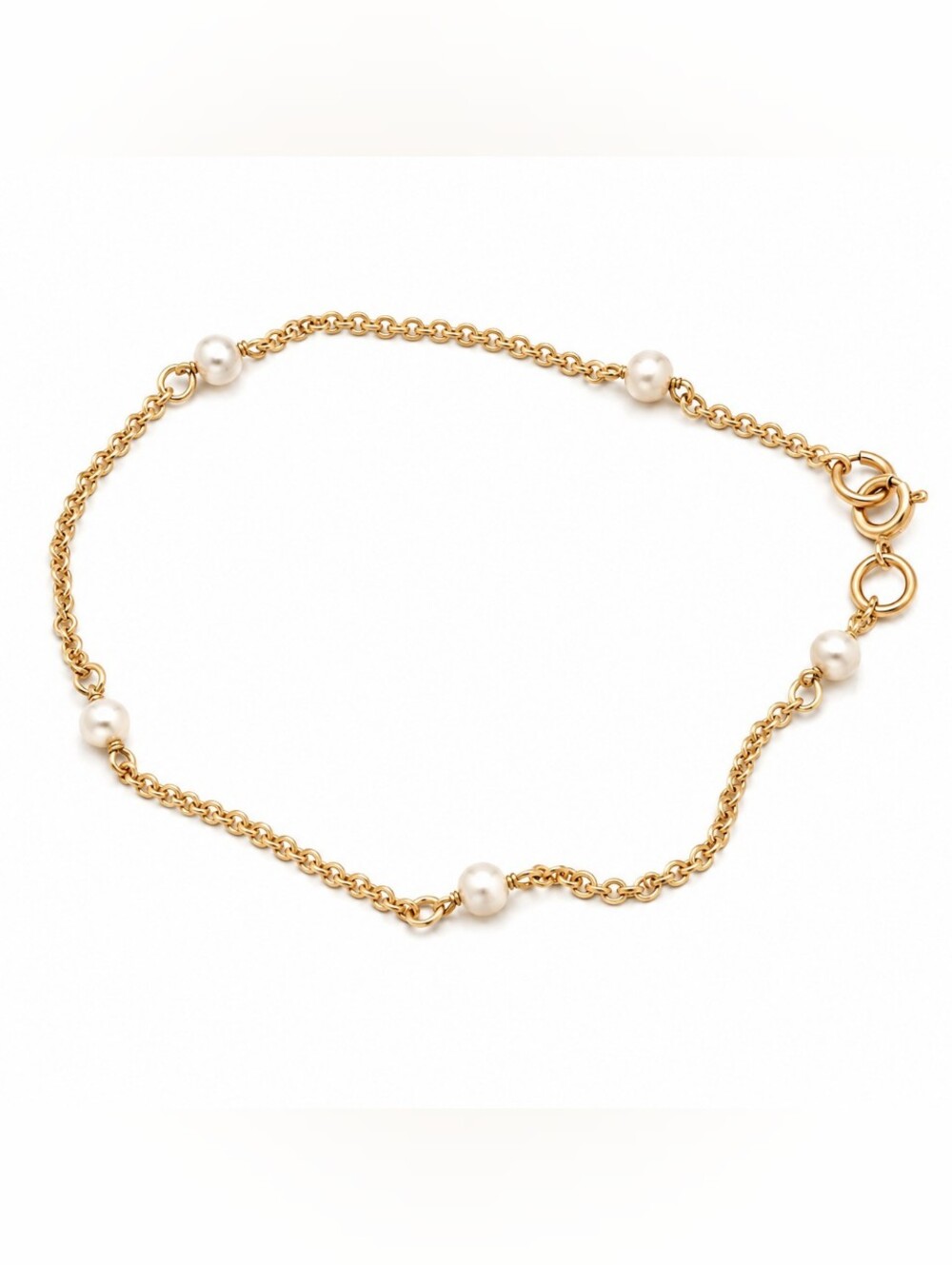 Gold Tone Faux Pearl Station Chain Bracelet Delicate Minimalist Adjustable